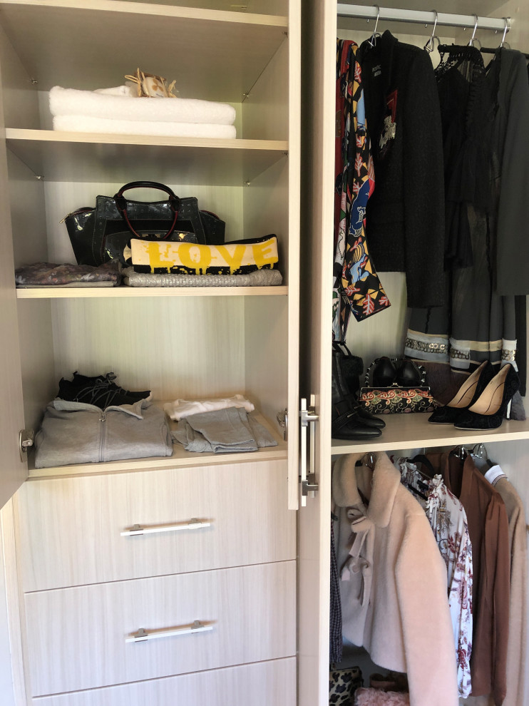 This is an example of a mid-sized contemporary built-in wardrobe in Toronto with flat-panel cabinets, light wood cabinets, medium hardwood floors and brown floor.