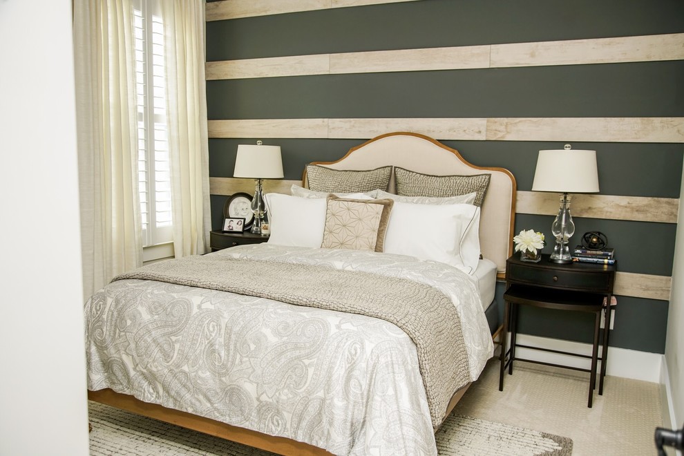 This is an example of a transitional guest bedroom in Raleigh with grey walls, carpet and beige floor.