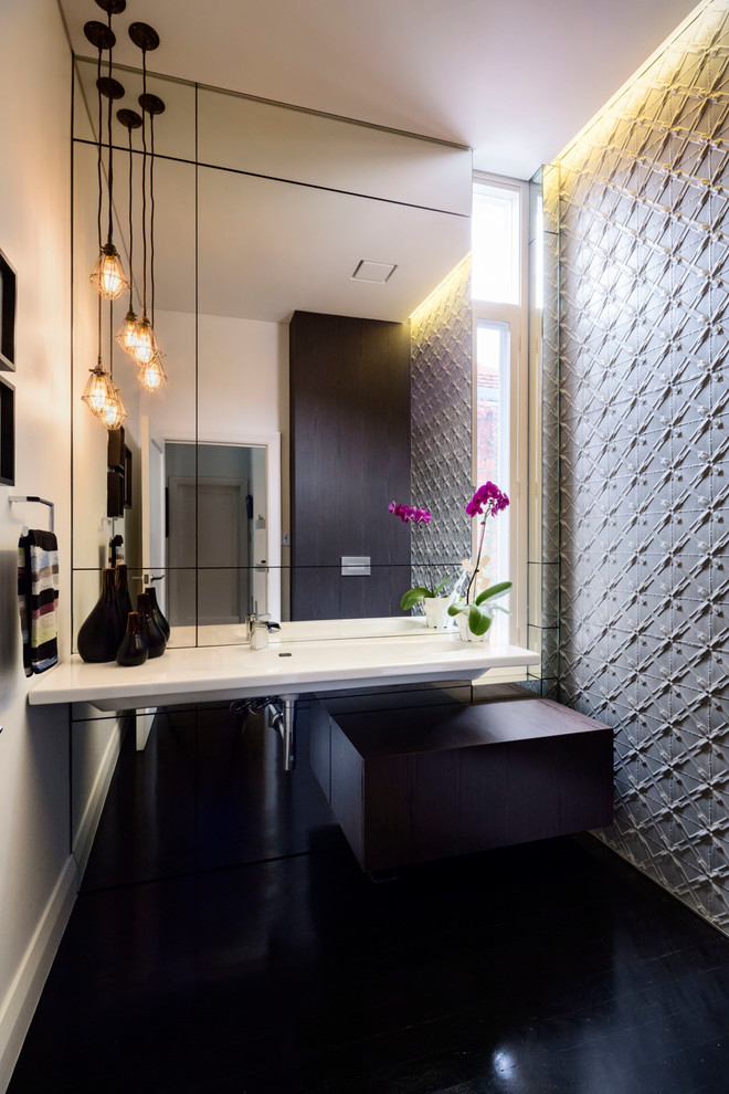 Contemporary bathroom in Perth with flat-panel cabinets, dark wood cabinets and a wall-mount sink.
