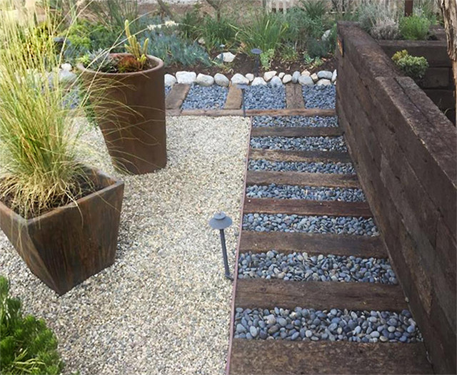 Railroad Tie & River Rock Walkway Los Angeles by Flores Artscape