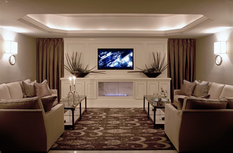Photo of a large traditional enclosed home theatre in Atlanta with multi-coloured walls, vinyl floors and a built-in media wall.