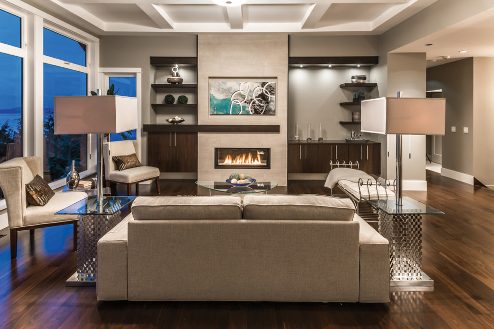 Photo of a transitional formal open concept living room in Vancouver with grey walls, dark hardwood floors, a ribbon fireplace and no tv.