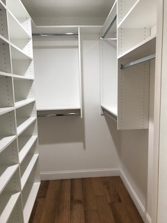 This a perfect smaller closet! It has a bit of everything making its storage potential great! Adjustable shoe/storage  shelves along the one side with both single and double hanger space along the rem