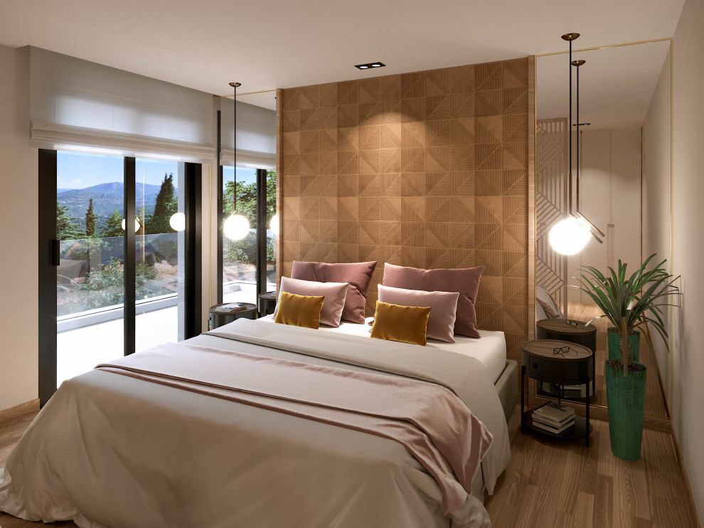 Inspiration for a medium sized mediterranean master bedroom in Nice with beige walls, light hardwood flooring, no fireplace and beige floors.