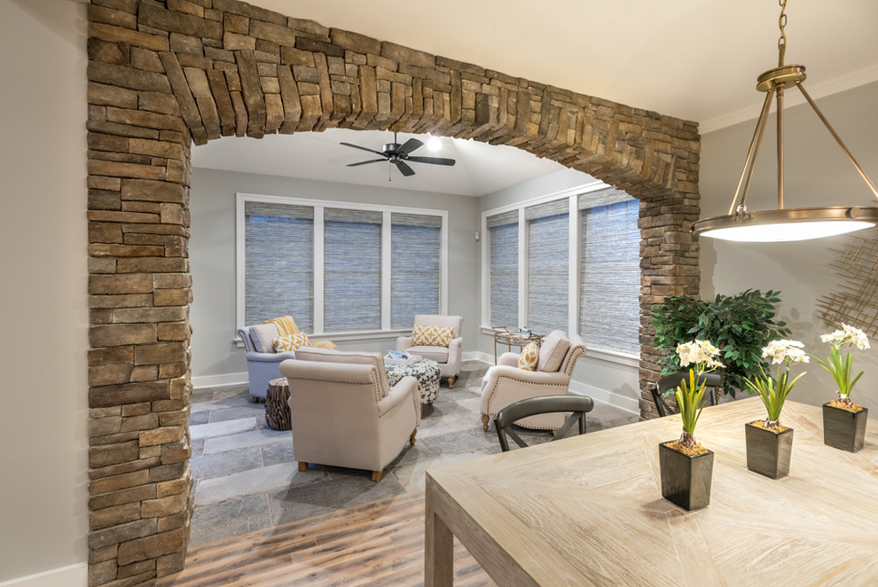 Mid-sized arts and crafts sunroom in Other with ceramic floors and grey floor.