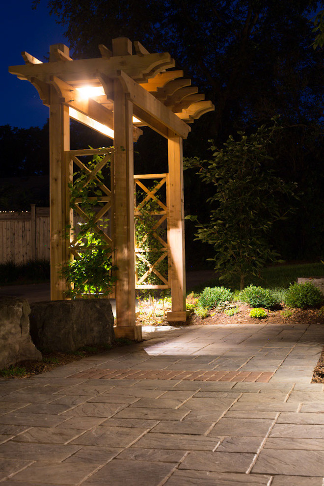 Photo of a large traditional side yard patio in Toronto with concrete pavers and a pergola.