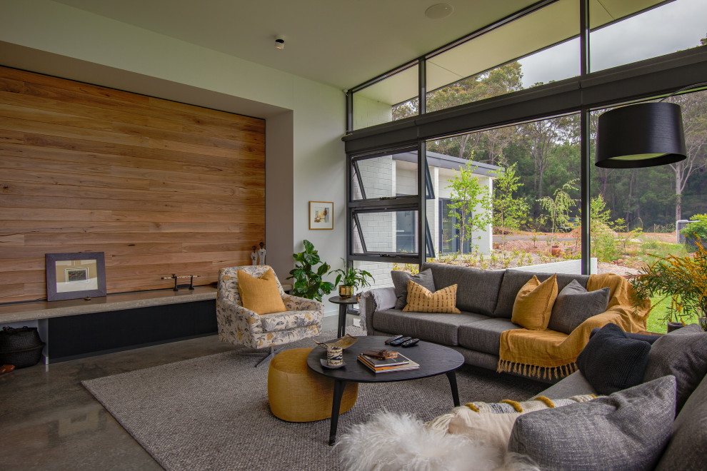 Mid-sized contemporary enclosed living room in Other with white walls, concrete floors, a two-sided fireplace and a wall-mounted tv.