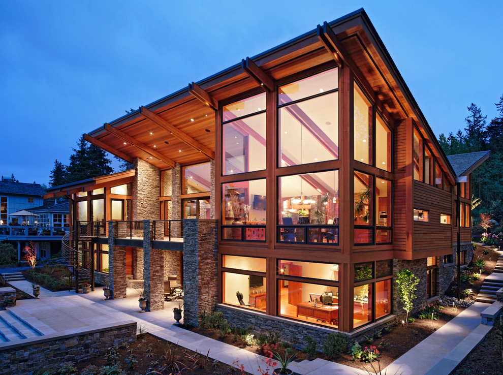 Inspiration for a contemporary exterior in Seattle with a shed roof.