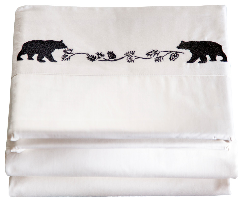 Embroidered Bear Cotton Cabin Bed Sheets, Off White Rustic Sheet