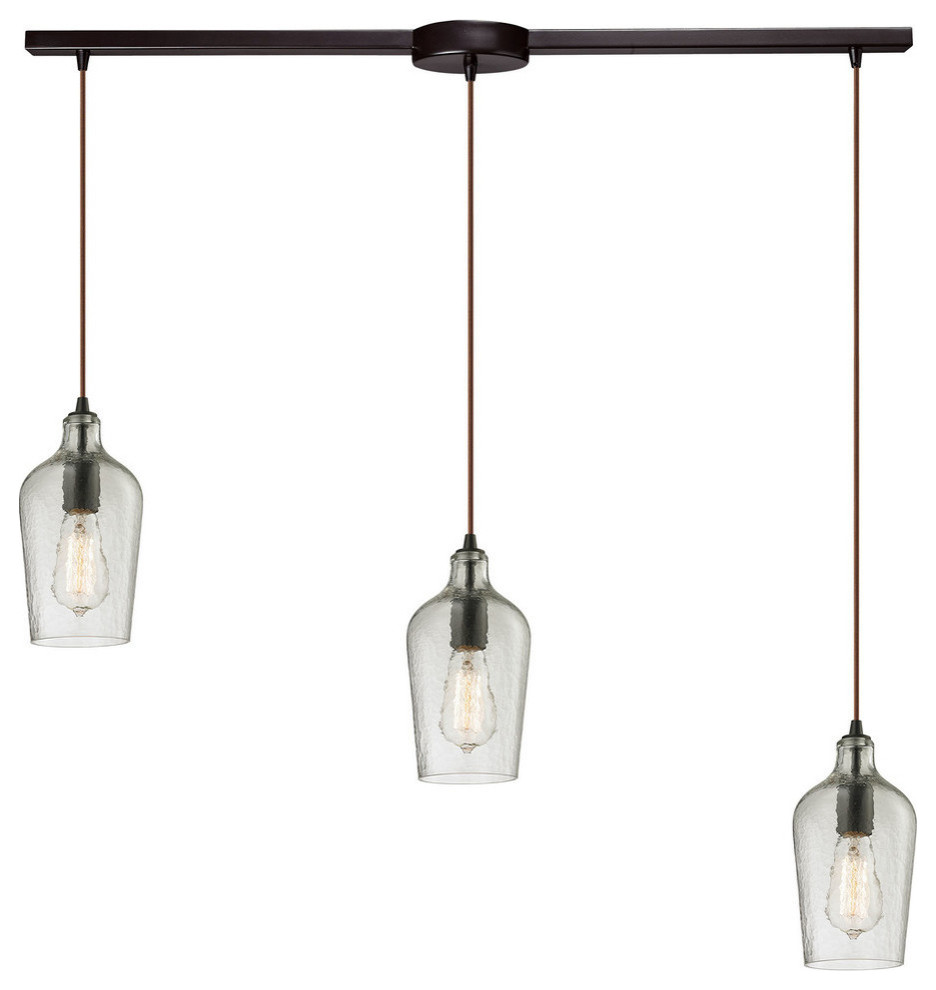 Hammered Glass 3-Light Pendant, Oil Rubbed Bronze And Hammered Clear