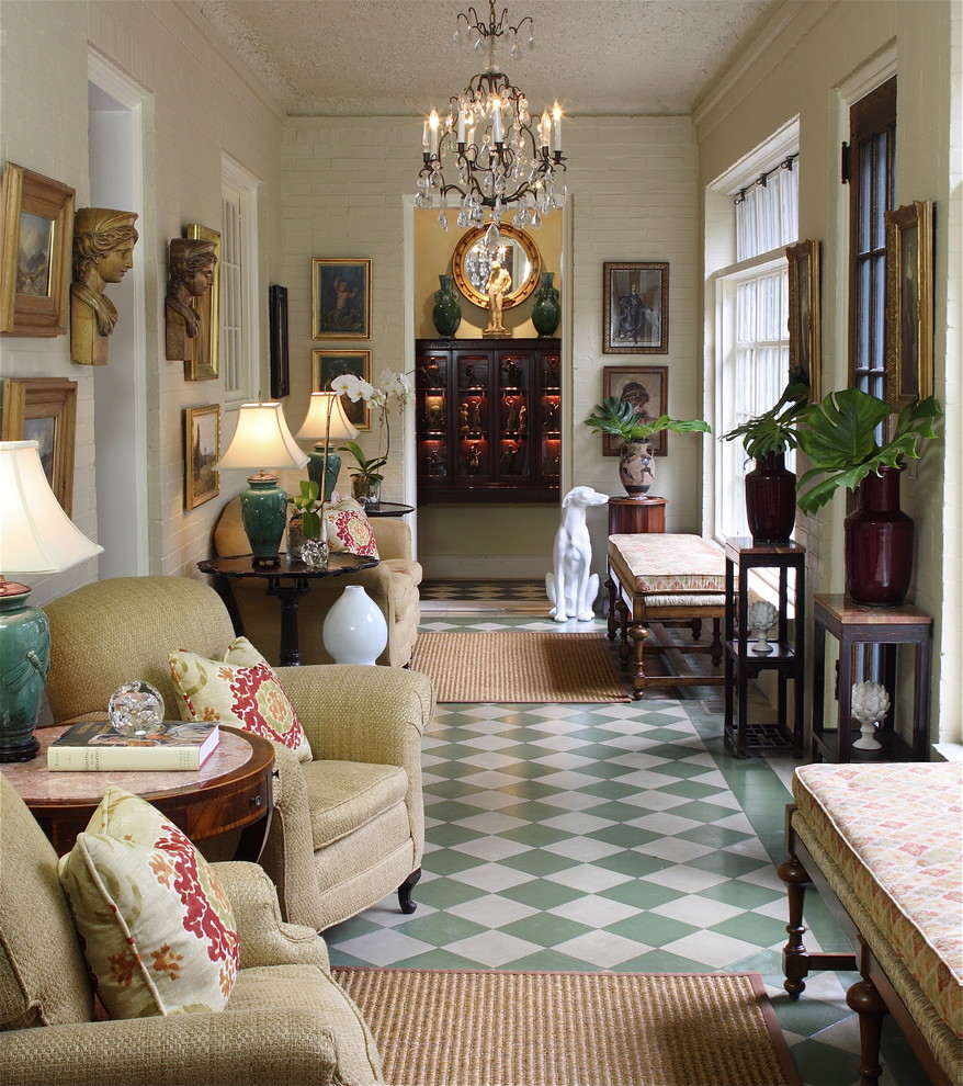 Design ideas for a large traditional hallway in Atlanta with beige walls, porcelain floors and multi-coloured floor.