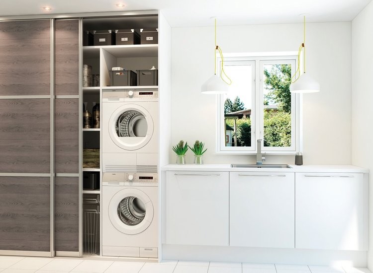 This is an example of a mid-sized modern single-wall separate kitchen in Bologna with an undermount sink, open cabinets, dark wood cabinets, wood benchtops, white appliances, ceramic floors, white floor and white benchtop.
