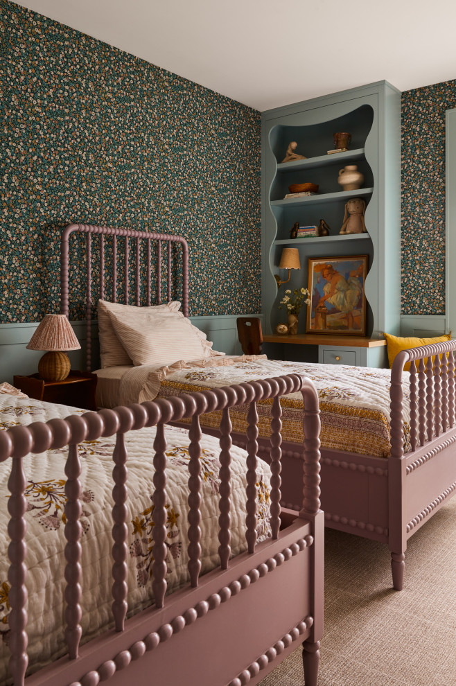 Hill Country Village Legacy Home - Example of a bedroom and mid-sized transitional girl carpeted, beige floor and wallpaper kids' bedroom design in Austin with multicolored walls
