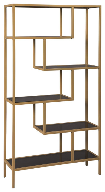 Benzara BM226174 Metal Frame Bookcase with 5 Tiered Display Glass Shelves