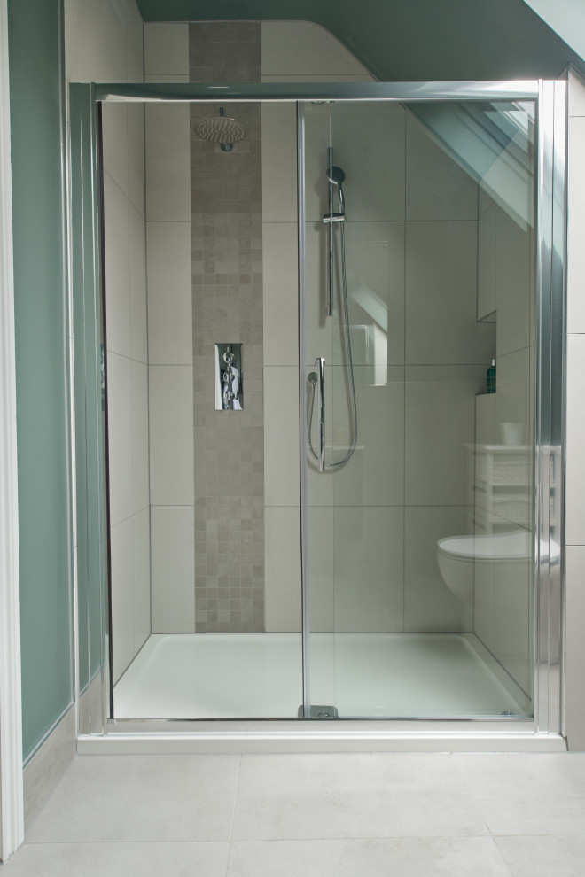 This is an example of a medium sized contemporary shower room bathroom in Other with a built-in bath, a walk-in shower, beige tiles, ceramic tiles, blue walls, ceramic flooring, a built-in sink and beige floors.