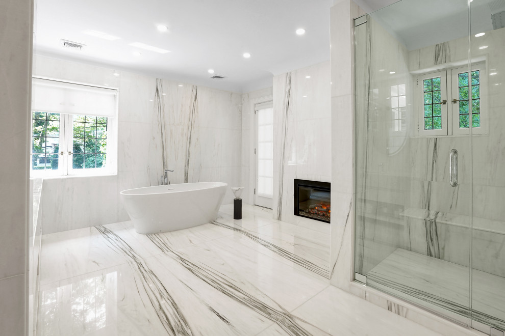 Master Bathroom with Full White Marble & Freestanding Tub – Historic Renovation 