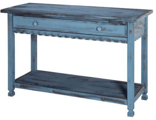 Country Cottage Console Table, Lower Shelf & Large Storage Drawer, Antique Blue