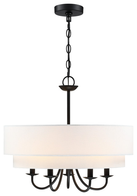 21.5"W 5-Light Black Chandelier Light With White Double Drum Shade