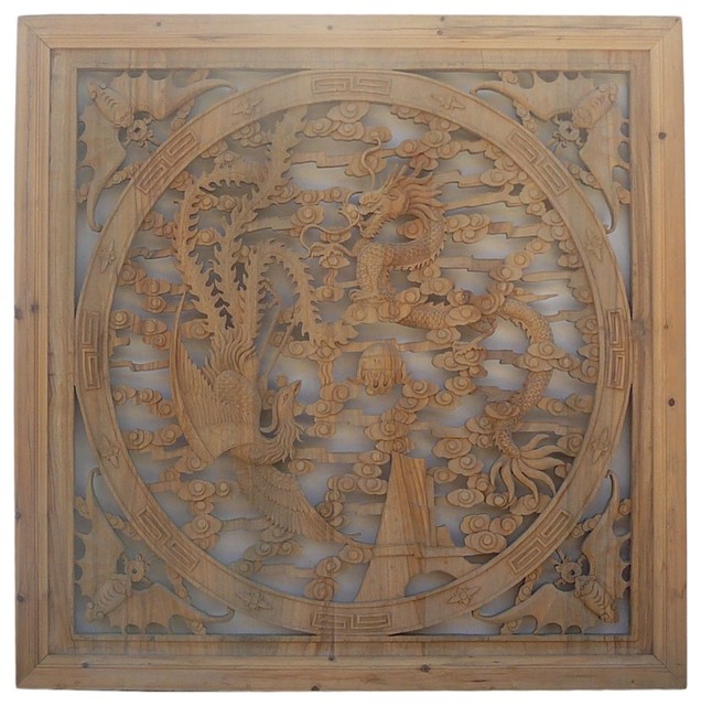 Chinese Square Phoenix Dragon Wood Wall Decor Panel