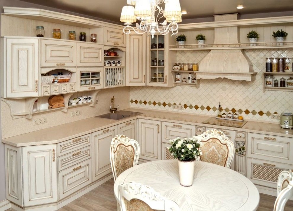 Design ideas for a small asian l-shaped separate kitchen in Yekaterinburg with an undermount sink, raised-panel cabinets, beige cabinets, solid surface benchtops, beige splashback, mosaic tile splashback, white appliances, ceramic floors, no island, brown floor and beige benchtop.