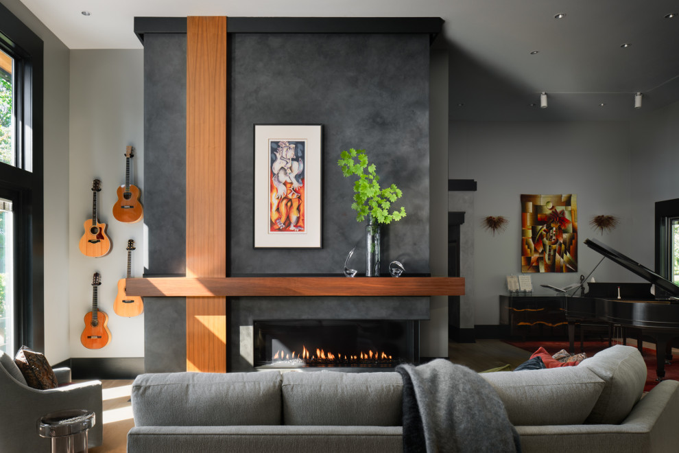 Two Story Custom Plastered Fireplace with a Walnut Mantle ...