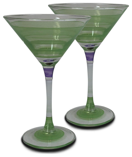 Retro Stripe Green Martini Glasses, Set of 2 Contemporary Cocktail