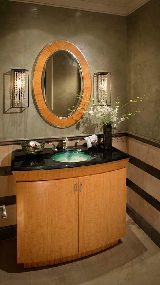 Design ideas for a large transitional powder room in Orange County with flat-panel cabinets, light wood cabinets, multi-coloured tile, ceramic tile, multi-coloured walls, marble floors, an undermount sink, onyx benchtops and beige floor.