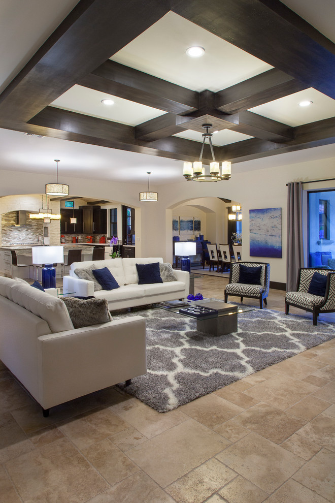 Photo of a large contemporary open concept family room in Orlando with white walls, travertine floors, a standard fireplace, a brick fireplace surround and a wall-mounted tv.