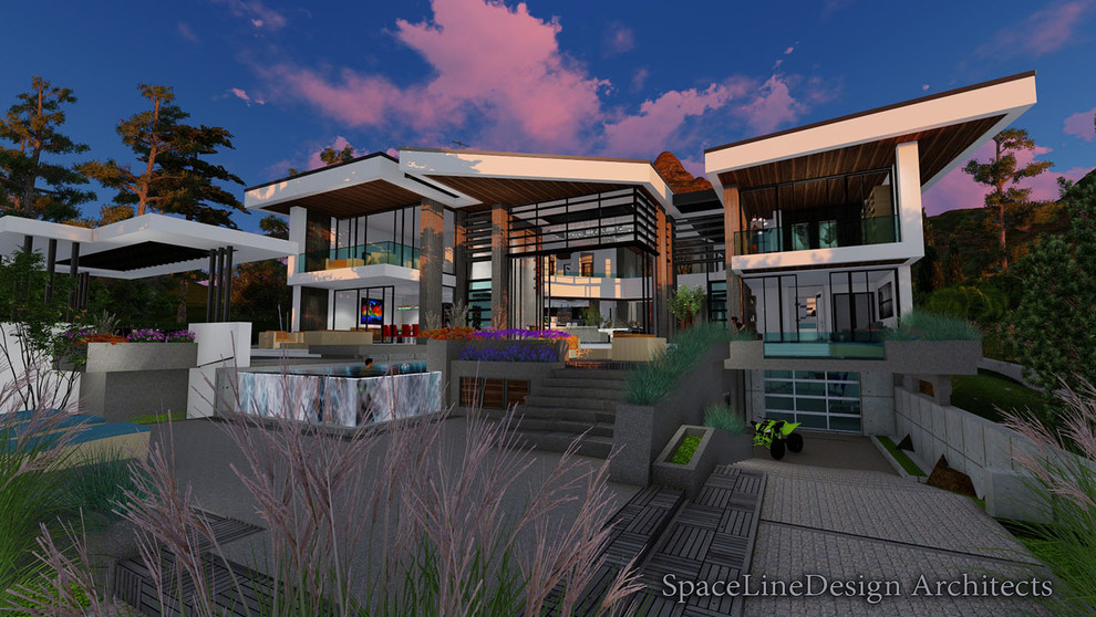 Design ideas for a mid-sized modern three-storey house exterior in Phoenix.