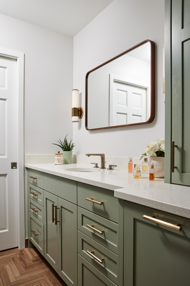 Photo of a mid-sized modern master bathroom in Minneapolis with shaker cabinets, green cabinets, an alcove shower, a bidet, green tile, ceramic tile, white walls, porcelain floors, an undermount sink, engineered quartz benchtops, brown floor, a sliding shower screen, white benchtops, a niche, a single vanity and a built-in vanity.