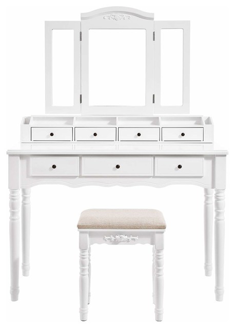 Vanity Set Makeup Dressing Table, White Vanity Table Set Jewelry Armoire Makeup Desk Bench Drawer