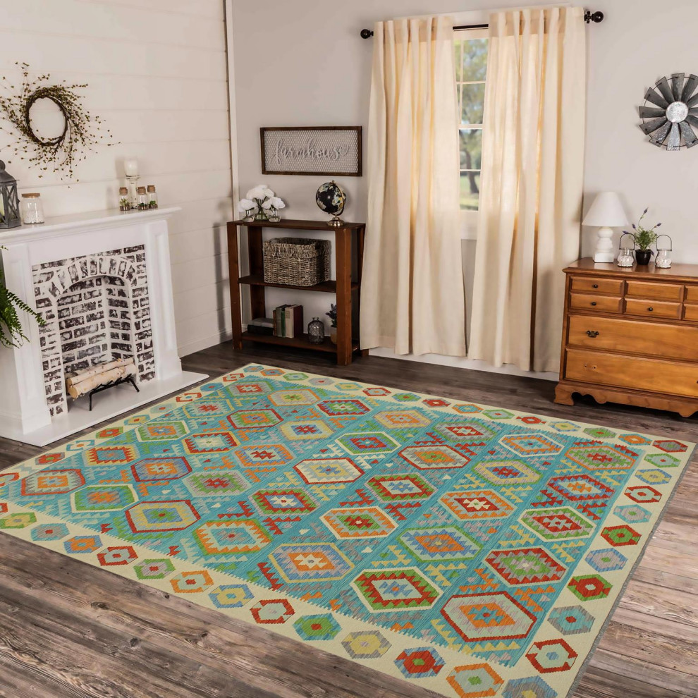 Navaho Turkish Kilim Morris Blue/Beige Wool Rug 8'2'' x 9'5'', 8'2