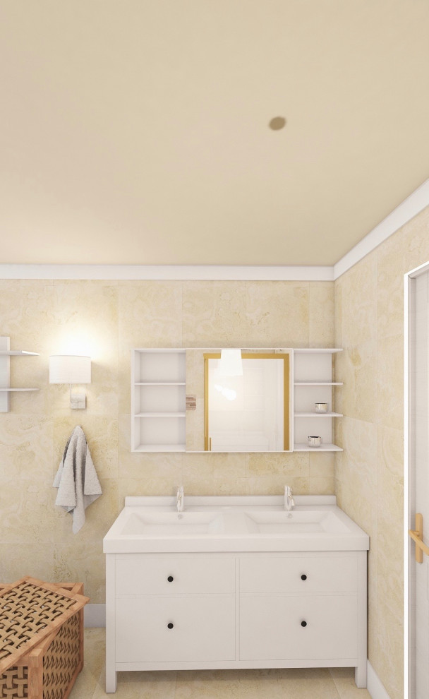 Mittelgroßes Mediterranes Duschbad mit weißen Schränken, Whirlpool, bodengleicher Dusche, beigen Fliesen, integriertem Waschbecken, weißer Waschtischplatte, Duschbank, Doppelwaschbecken und Tapetendecke in Düsseldorf