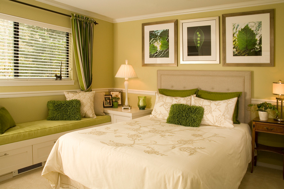 Design ideas for a mid-sized transitional master bedroom in Seattle with green walls, carpet, no fireplace and beige floor.