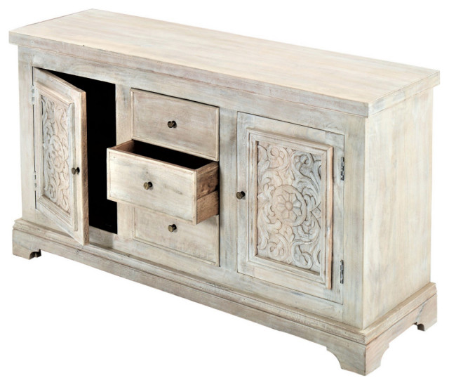 64" Distressed Antique White Sideboard Buffet Hand Carved Wood