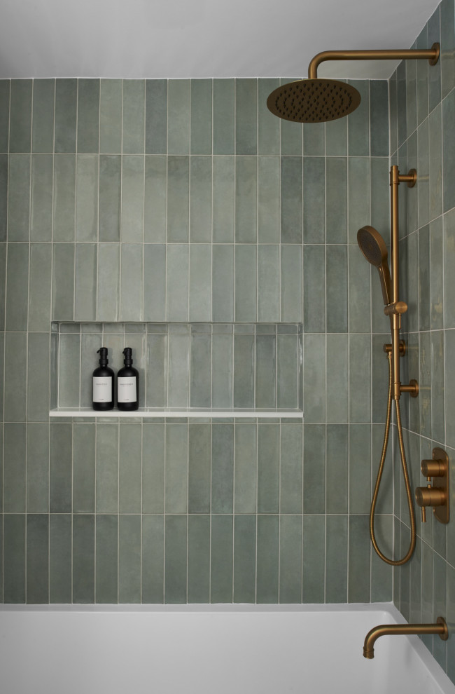 Inspiration for a small transitional green tile and porcelain tile porcelain tile, beige floor, single-sink and wainscoting bathroom remodel in Toronto with shaker cabinets, medium tone wood cabinets, a one-piece toilet, white walls, an undermount sink, quartz countertops, white countertops, a niche and a freestanding vanity