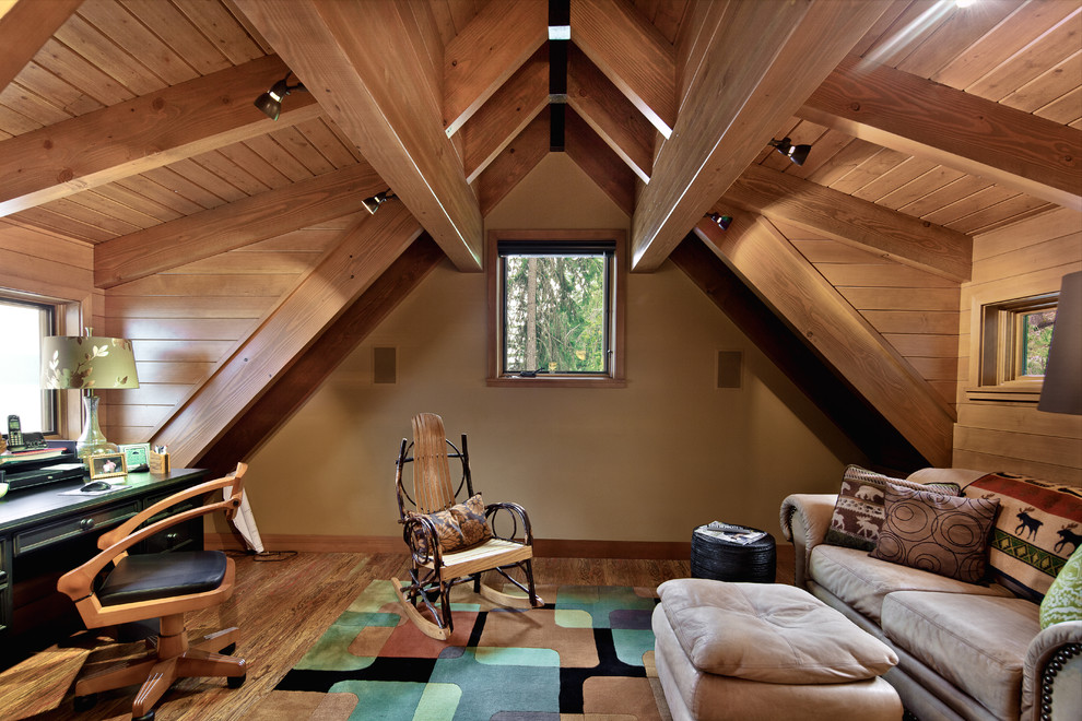 Photo of a country home office in Seattle with medium hardwood floors.