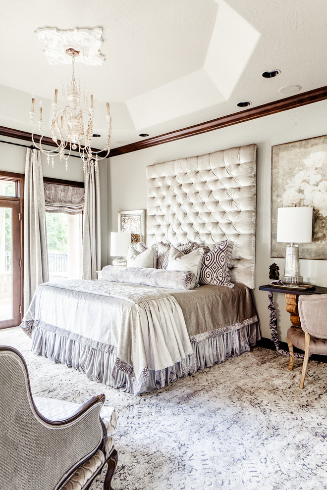 Design ideas for a mid-sized traditional master bedroom in Oklahoma City with grey walls, carpet and grey floor.