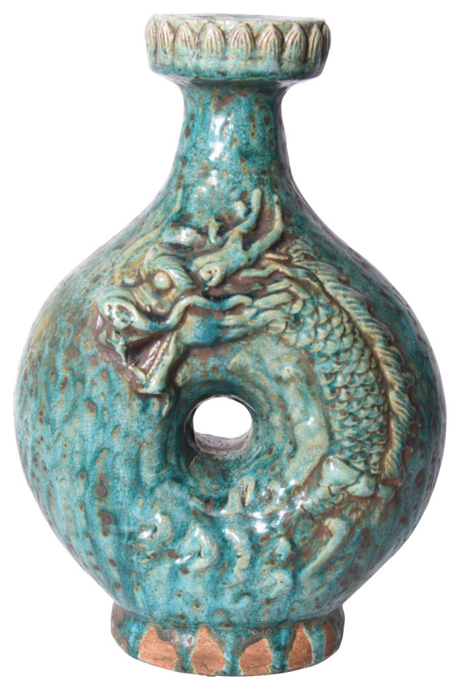 Legend of Asia Speckled Green Embossed Dragon Vase 1617 Asian Vases