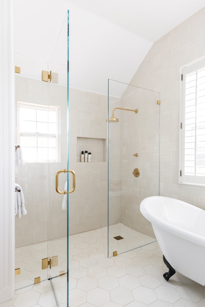 This is an example of a large country master bathroom in San Francisco with beaded inset cabinets, blue cabinets, a claw-foot tub, a curbless shower, a two-piece toilet, white tile, ceramic tile, white walls, cement tiles, an undermount sink, marble benchtops, white floor, a hinged shower door, white benchtops, an enclosed toilet, a double vanity, a built-in vanity, vaulted and panelled walls.