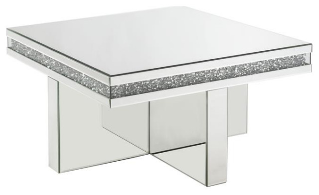 ACME Furniture Noralie Square Glass Coffee Table in Mirrored and Faux Diamonds