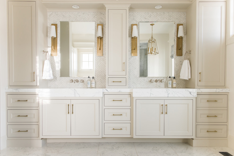 Example of a mid-sized classic master white tile and marble tile white floor and marble floor bathroom design in Salt Lake City with recessed-panel cabinets, beige cabinets, white walls, white countertops, an integrated sink and marble countertops