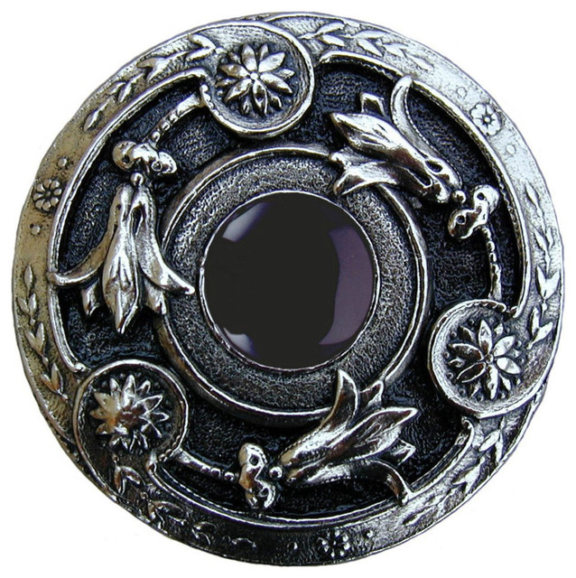 Jeweled Lily Knob, Bright Nickel With Onyx Traditional And
