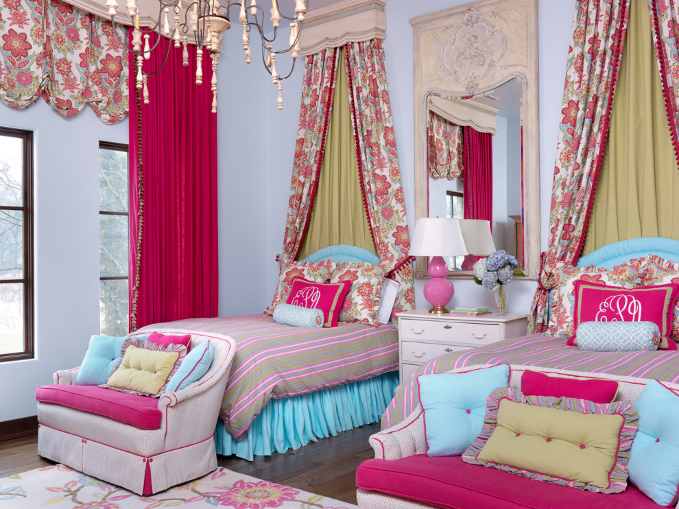 Mediterranean kids' bedroom in St Louis with dark hardwood floors and purple walls for girls.