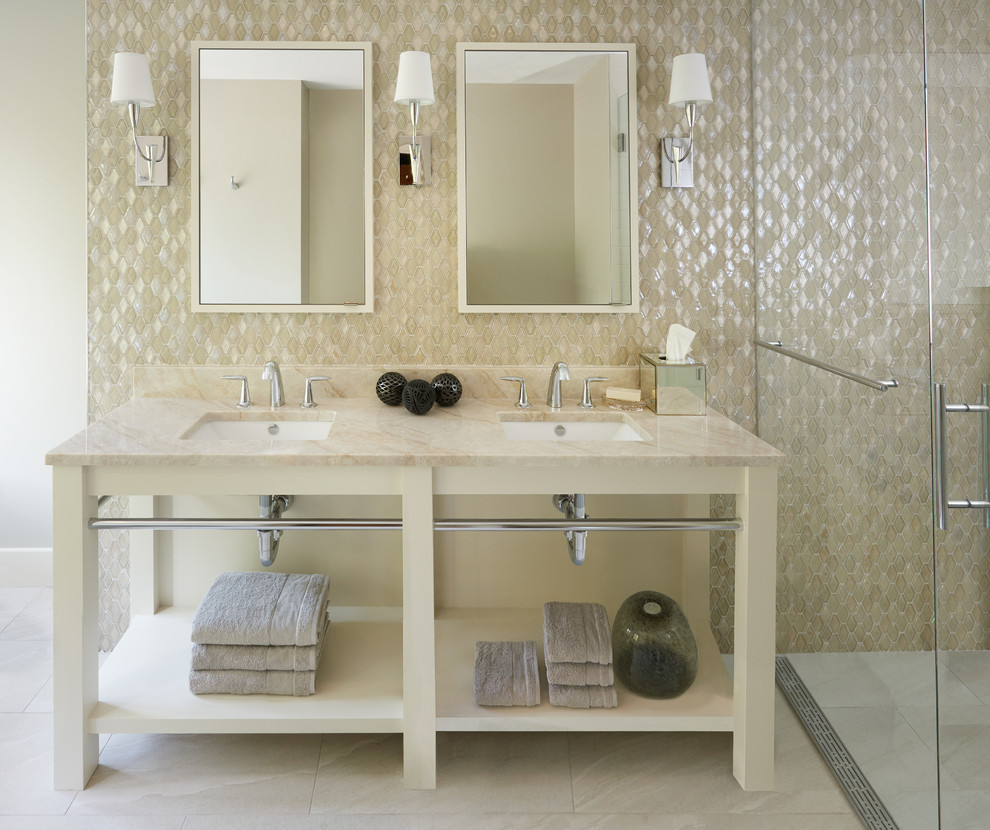 Inspiration for a mid-sized master bathroom in Minneapolis with open cabinets, white cabinets, a curbless shower, beige tile, glass tile, grey walls, ceramic floors, an undermount sink, quartzite benchtops, grey floor and a hinged shower door.