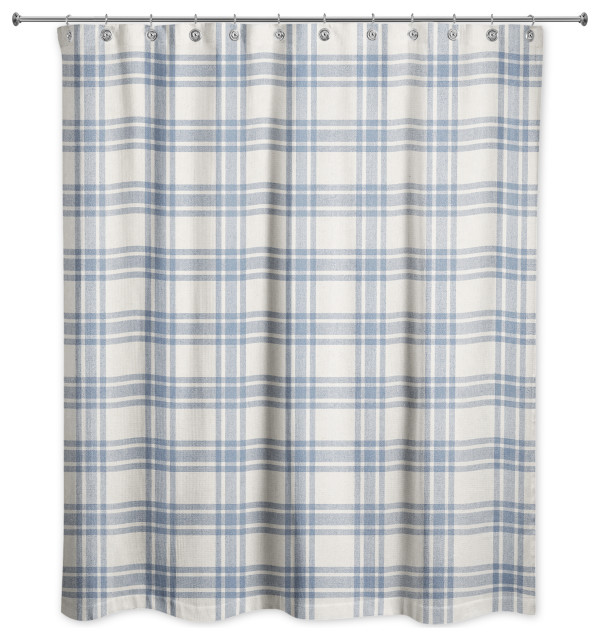 Faded Blue Plaid 71x74 Shower Curtain, Farmhouse Blue And White Shower Curtain