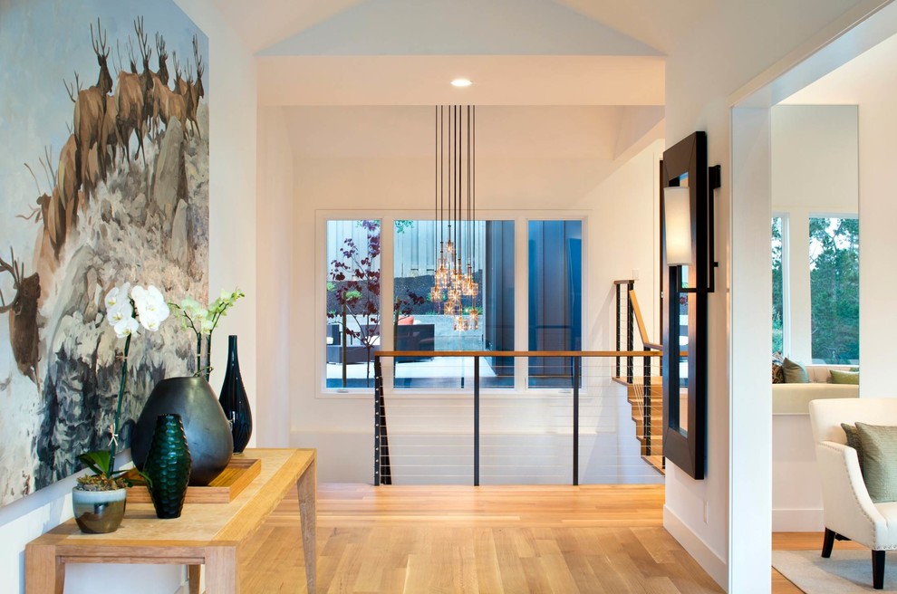 Photo of a mid-sized contemporary foyer in San Francisco with white walls, light hardwood floors and beige floor.