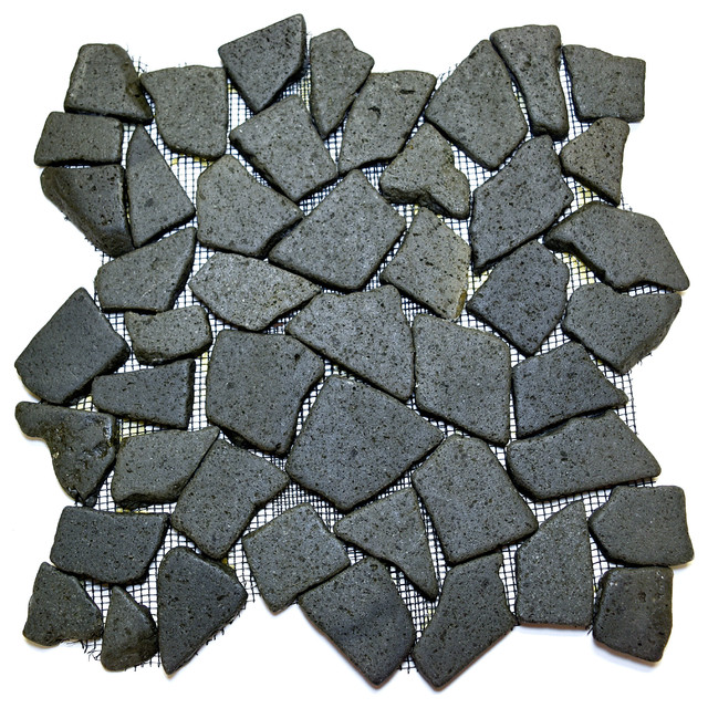 12"x12" Glazed Black Flat Pebble Stone Tile Sheet