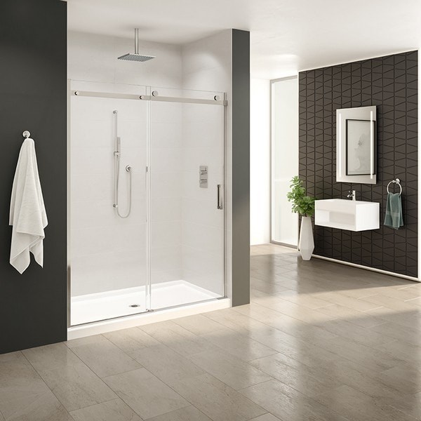 Inspiration for a large contemporary master bathroom in Chicago with an alcove shower, brown walls, ceramic floors, a wall-mount sink, beige floor and a sliding shower screen.