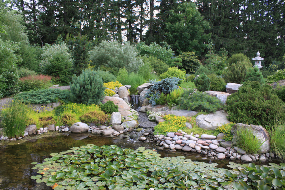 This is an example of a large traditional backyard garden in San Diego with a water feature.
